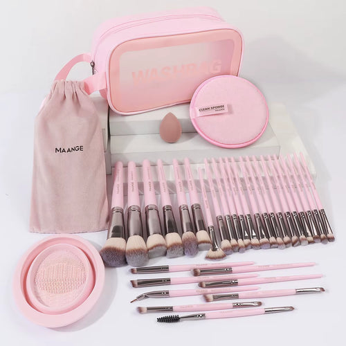 34PCS Makeup Tools Kit 30PCS Foundation Eyeshadow Blush Makeup Brush Cosmetic Makeup Remover Puff Sponge Set with Bag