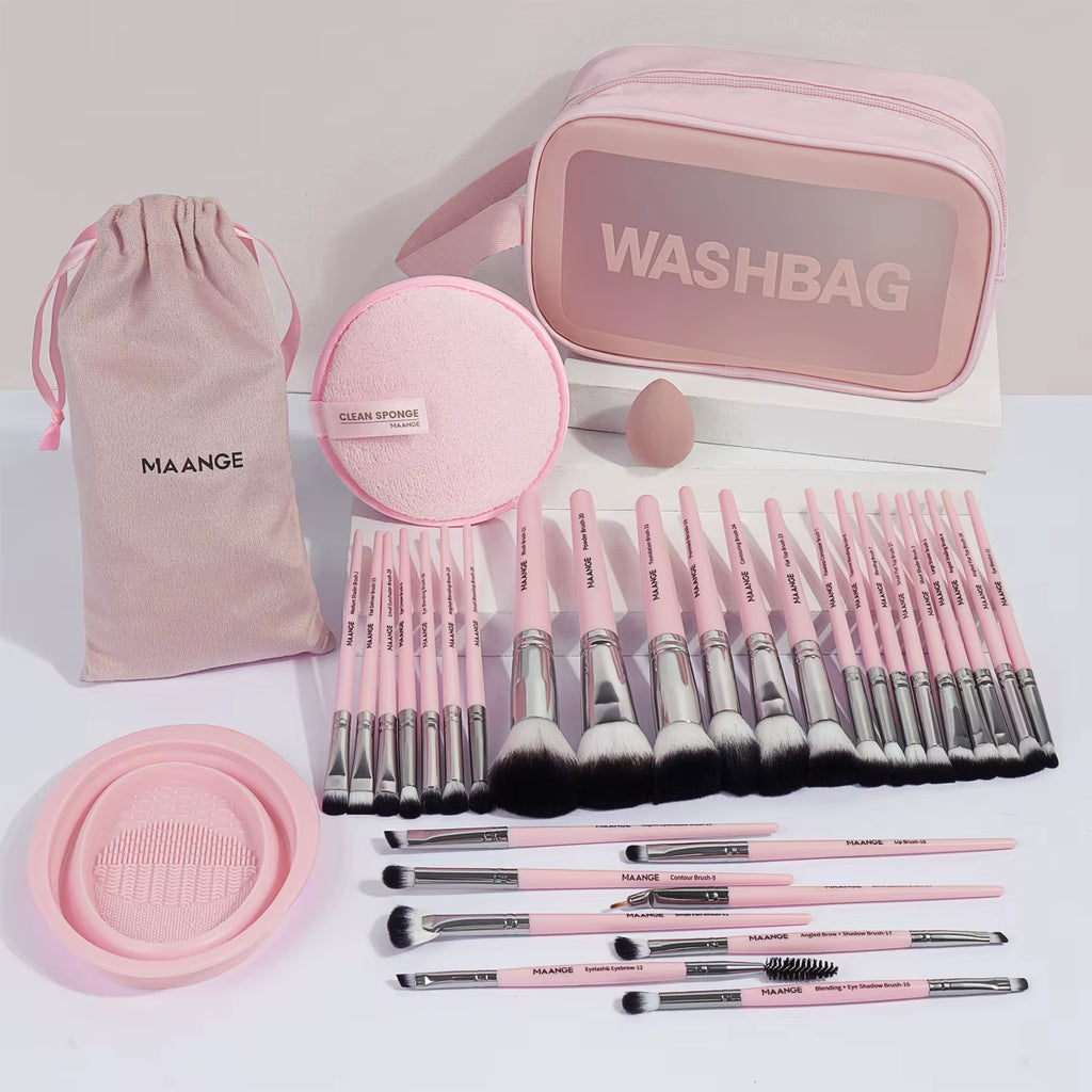 34PCS Makeup Tools Kit 30PCS Foundation Eyeshadow Blush Makeup Brush Cosmetic Makeup Remover Puff Sponge Set with Bag