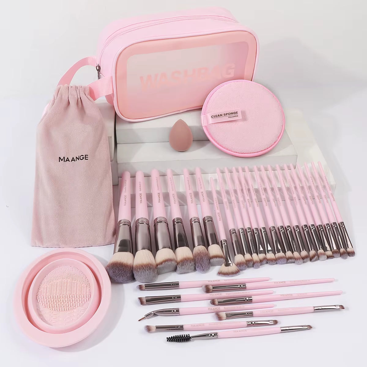 34PCS Makeup Tools Kit 30PCS Foundation Eyeshadow Blush Makeup Brush Cosmetic Makeup Remover Puff Sponge Set with Bag
