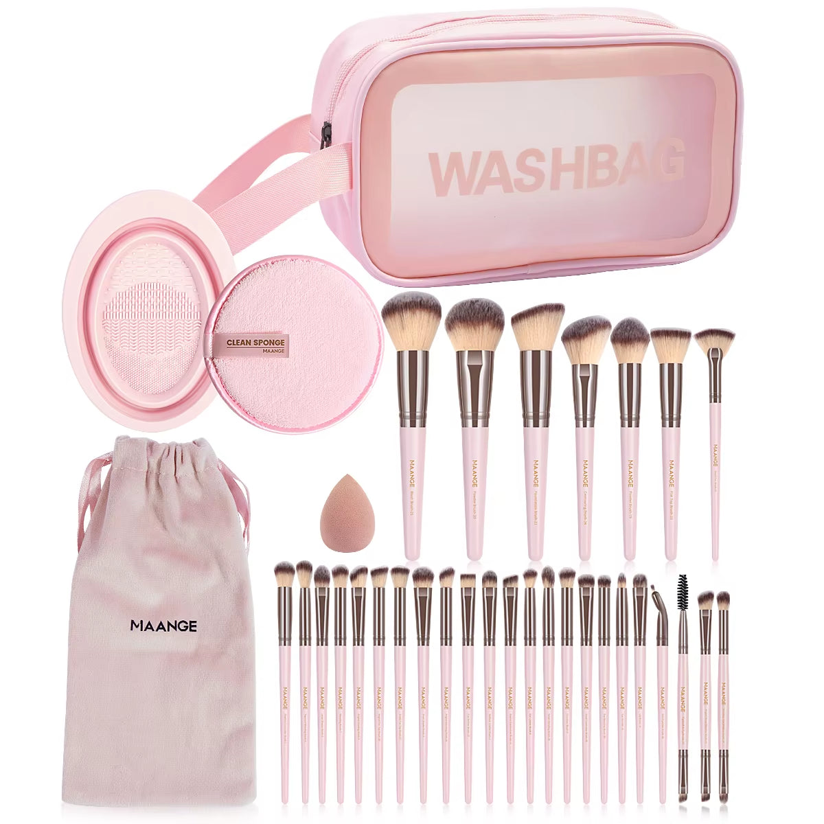 34PCS Makeup Tools Kit 30PCS Foundation Eyeshadow Blush Makeup Brush Cosmetic Makeup Remover Puff Sponge Set with Bag